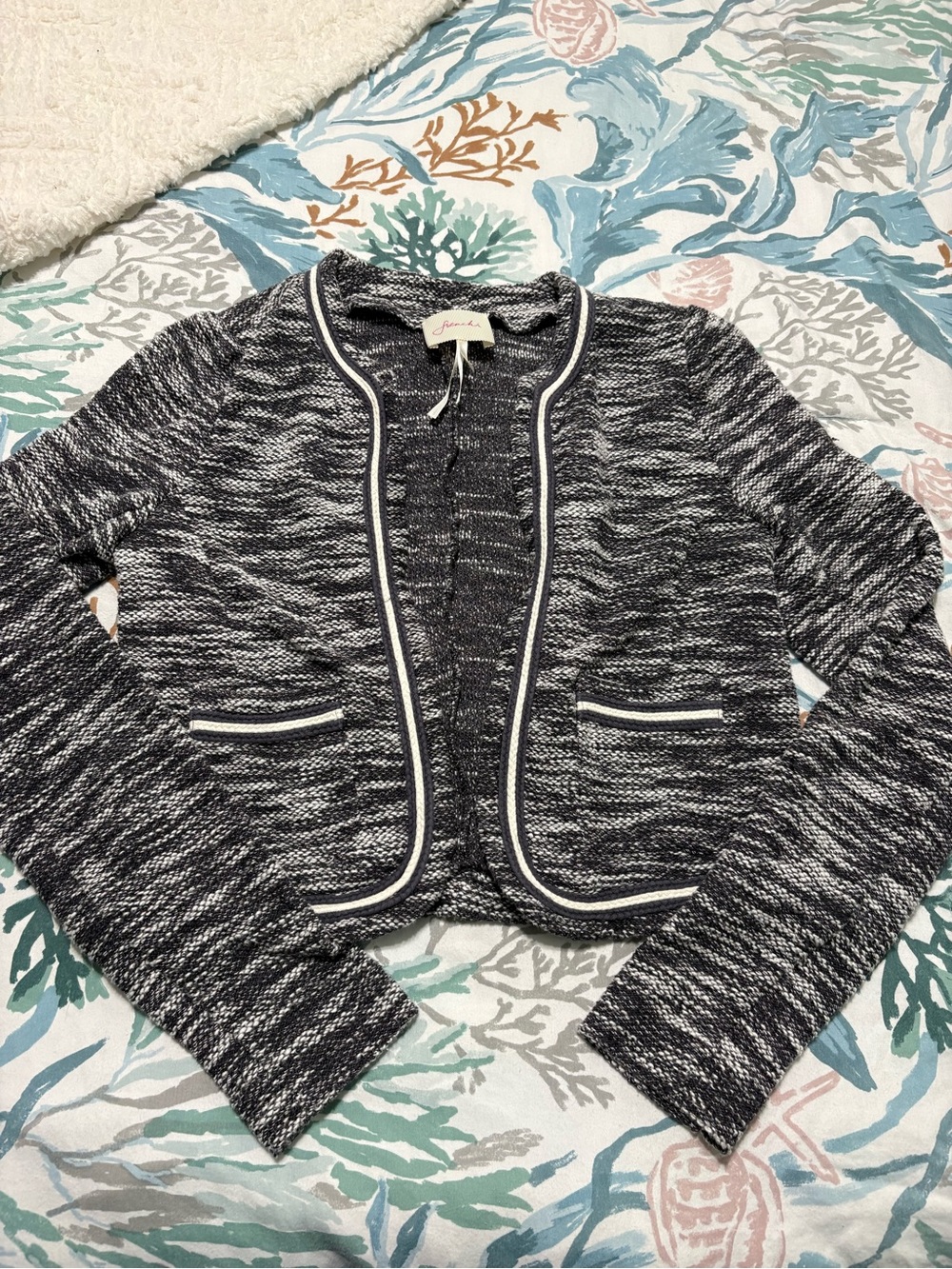 Frenchi Black and White Marled Open Cardigan